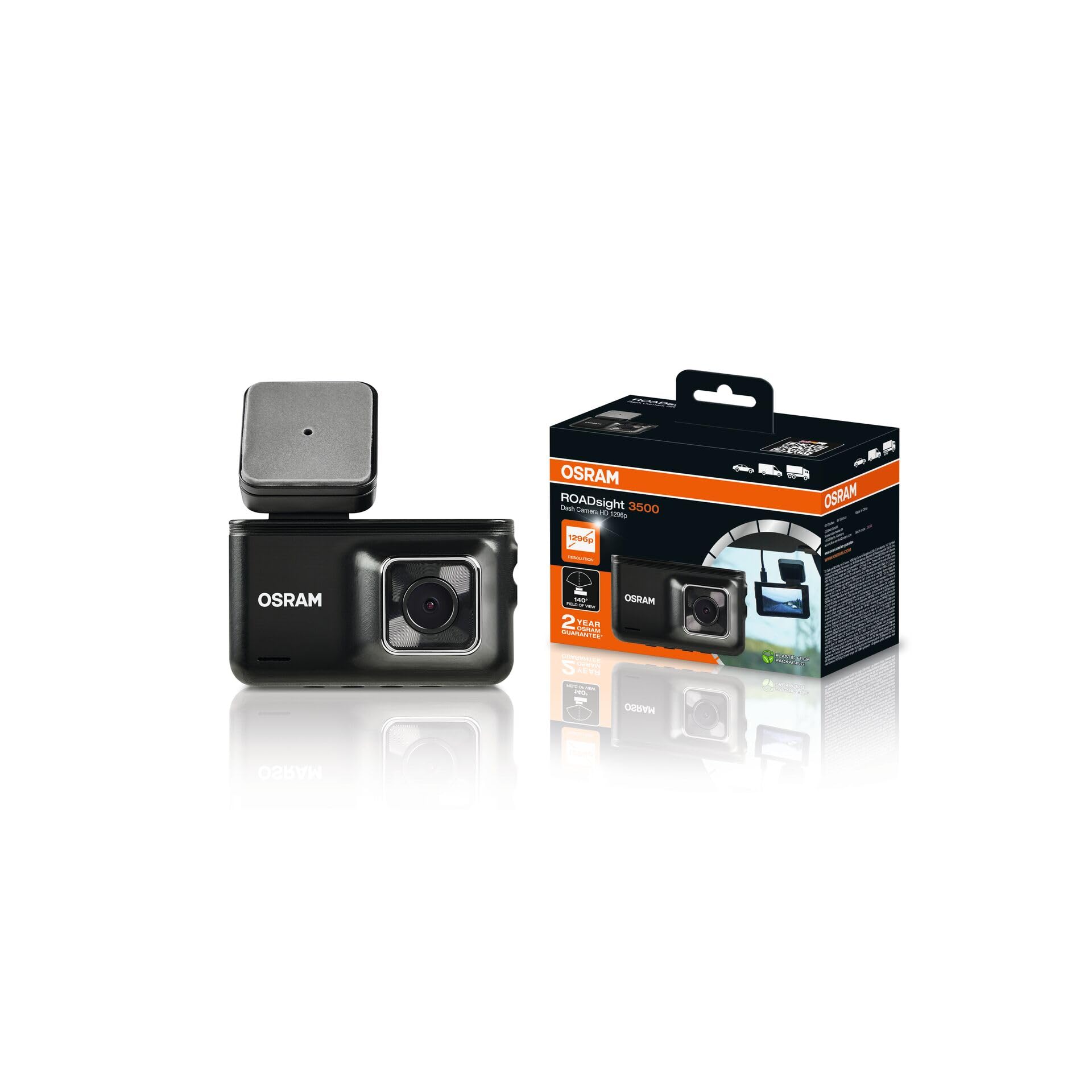 OSRAM ROADsight 3500 Dash Camera, rozdzielczość HD 1296p, wyświetlacz 3 cale, szeroki kąt widzenia 140°, czujnik G, 30 kl./s, tryb parkowania, funkcja HDR, obsługa kart SD, zasilanie 12/24 V