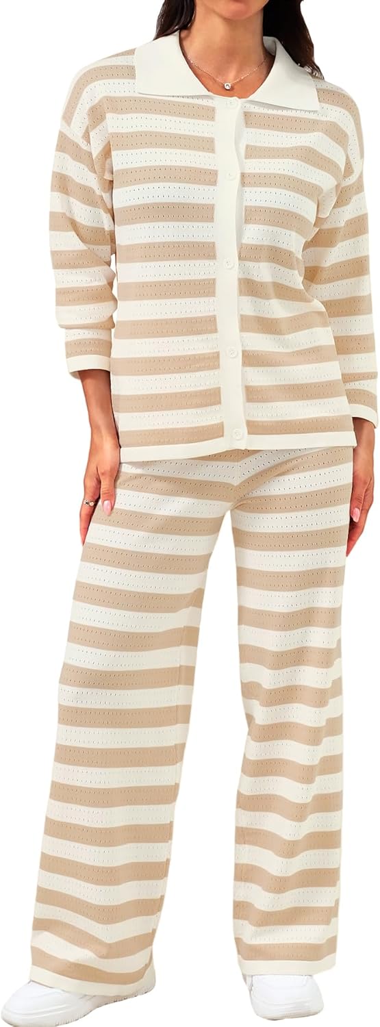 DERAX 2 Piece Outfits Striped Long Sleeve Tops Shirt Lounge Sets Wide Leg Pants Apricot White L - Image 3