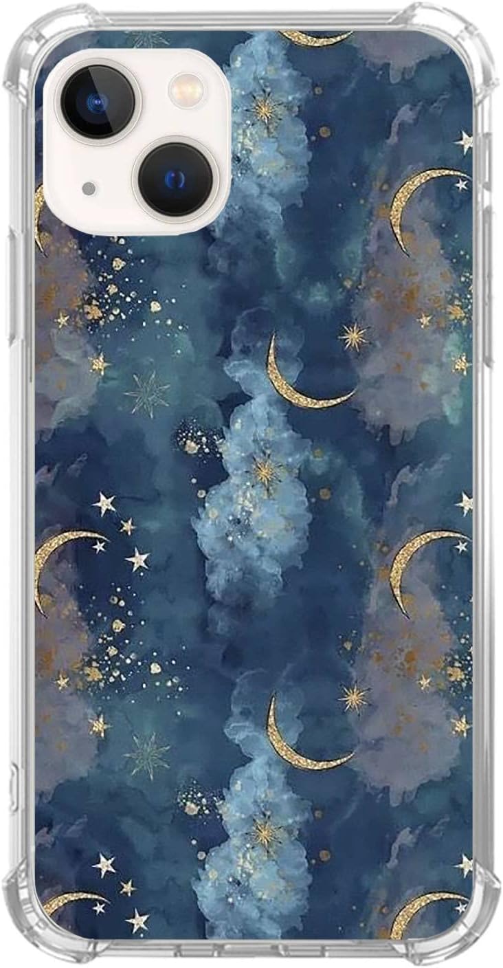Moon and Stars Phone Case Compatible with iPhone 14，Unique Aesthetics Moon and Stars Pattern Silicone Shockproof TPU Bumper Protective Cover Case for iPhone 14