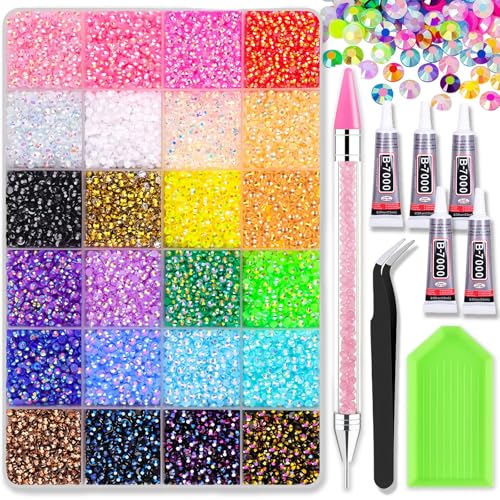 30000 PCS Resin Jelly Rhinestones Bedazzling Kit with Nail Rhinestones 24 Colors 3mm Flatback Rainbow Gems with Paste Solution and Rhinestone Pen & Pliers for DIY Crafts Clothing Shoes Nail Art