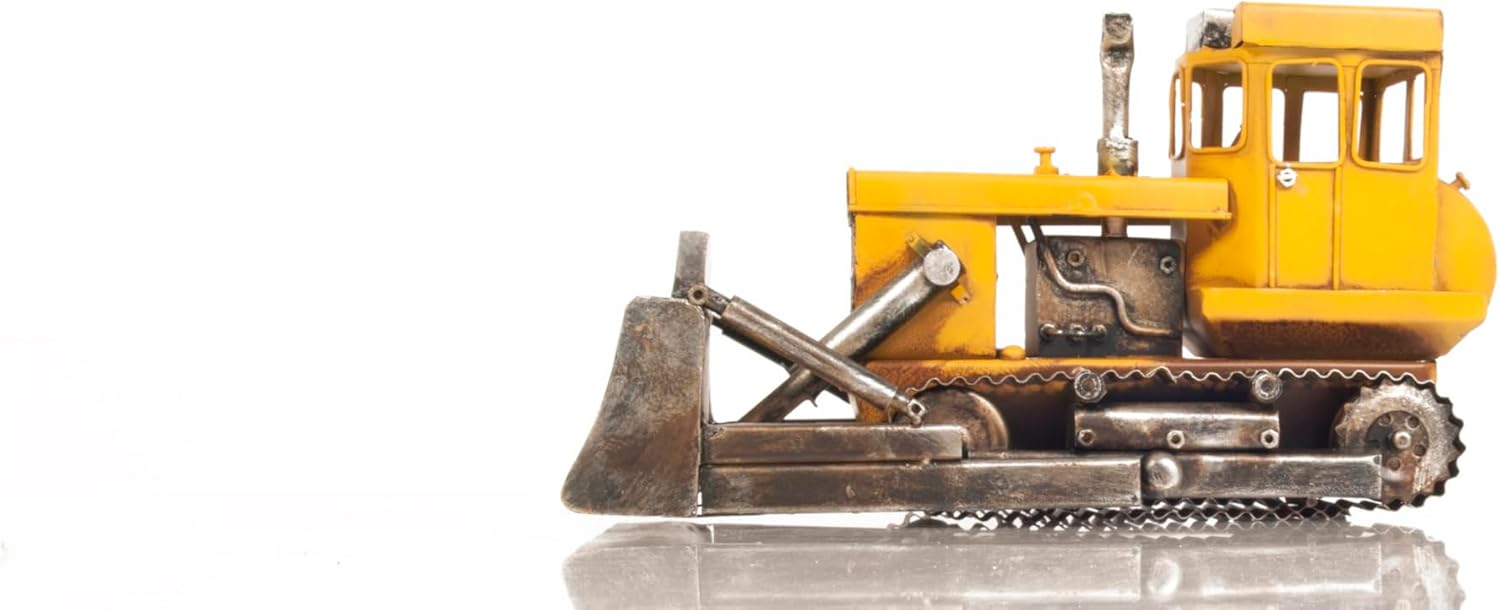 Old Modern Handicrafts Tin Bulldozer Model - Handmade Metal Replica with Lifelike Details for Home or Office Display - 12" L x 7.5" W x 7" H