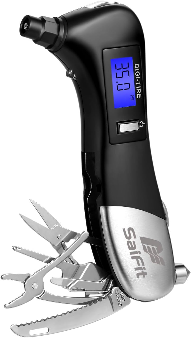 SaiFit CT-A1 Digital Tire Pressure Gauge 150 PSI 4 Settings With Blue Backlight LCD, LED Flashlight and SOS Rescue Light, Safety Hammer, 9-In-1 Emergency Survival Repair Multi-Function Tool Kit