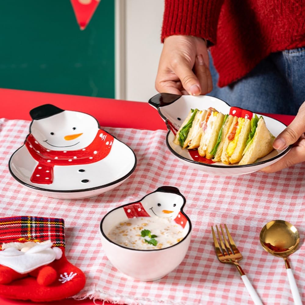 Hand-Painted Christmas Snowman Bowl Ceramic Plate Breakfast Tableware Underglaze Color Dinner Household Snack Dessert Bird'S Nest Salad Fruit Ice Cream Soup Pasta (Bowl plate set)