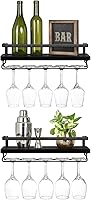 Vista 1 de Mkono Estante de vino montado en la pared, juego de 2 estantes de madera rústicos para botellas de vino, estantes flotantes de vidrio con colgador