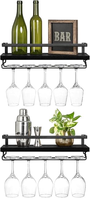 Mkono Wall Mounted Wine Rack Set of 2 Wood Shelf Rustic Bottle Glass Floating Shelves Stemware Hanger Modern Plants Photos Display Storage Holder Kitchen Dining Room Bar, Black, 16.92x5.9x0.7 inches
