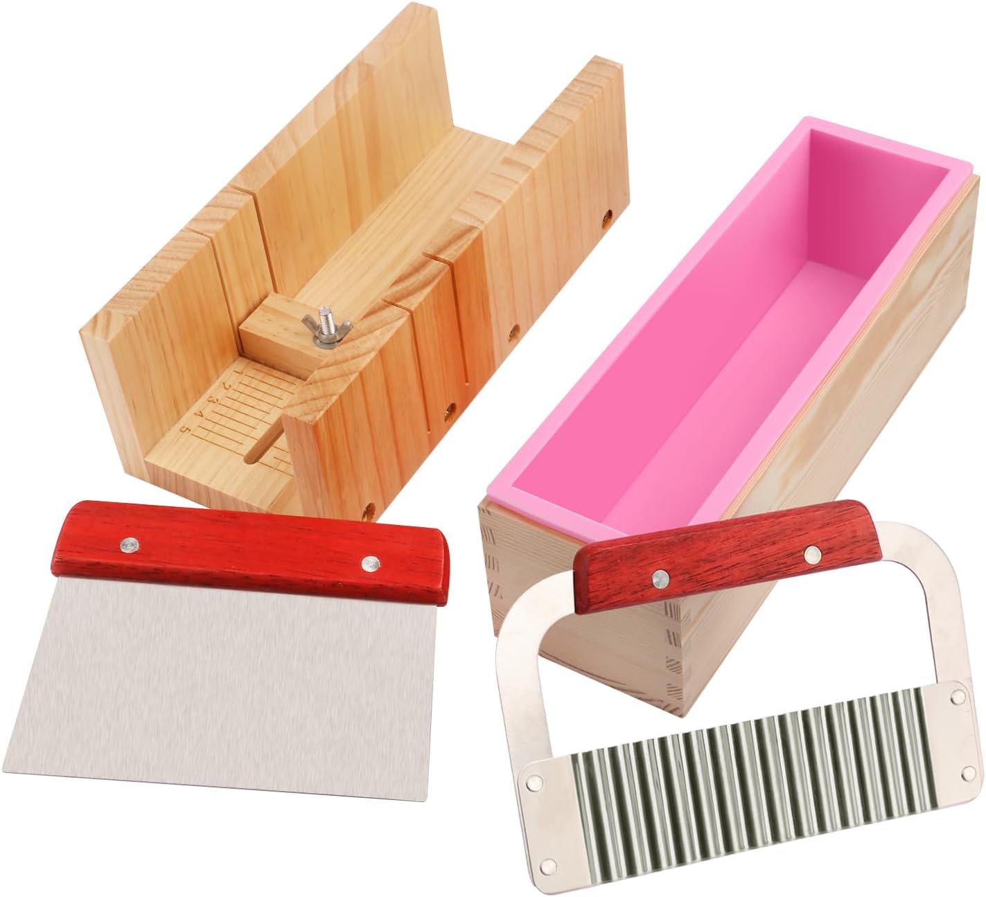 GNIEMCKIN Premium Soap Making Kit with 42oz Silicone Molds & Wooden Box & Two Cutter, Complete Crafting Set for Pour or Cold Process Soap,