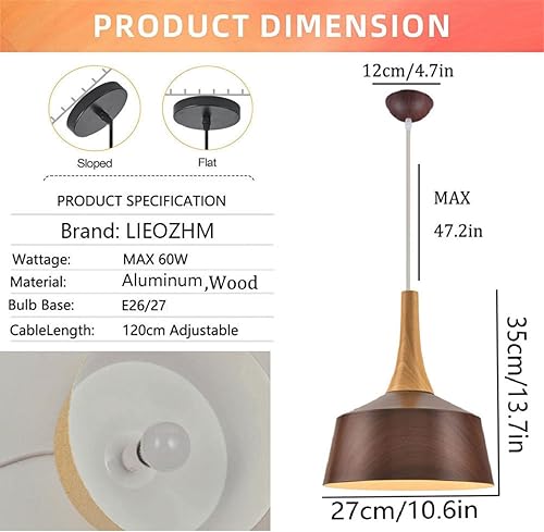 Miniatura 2 de Lámpara colgante de grano de madera, estilo escandinavo, accesorios para el hogar, 1 luz de altura ajustable, lámpara colgante de metal industrial