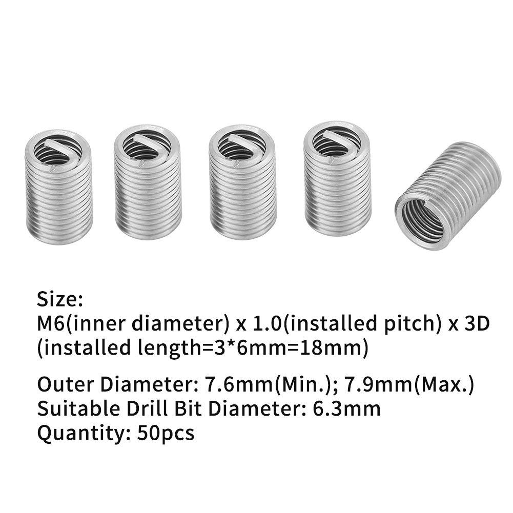 Tyenaza 50 Pezzi Inserto Filettato a Vite, M6 x 1.0 x 3D Inserto Helicoil, Kit di Inserti di Riparazione Metrico Filettato Tipo Elicoil in Acciaio Inox SS304, per Automotive, Turbine a Vapore