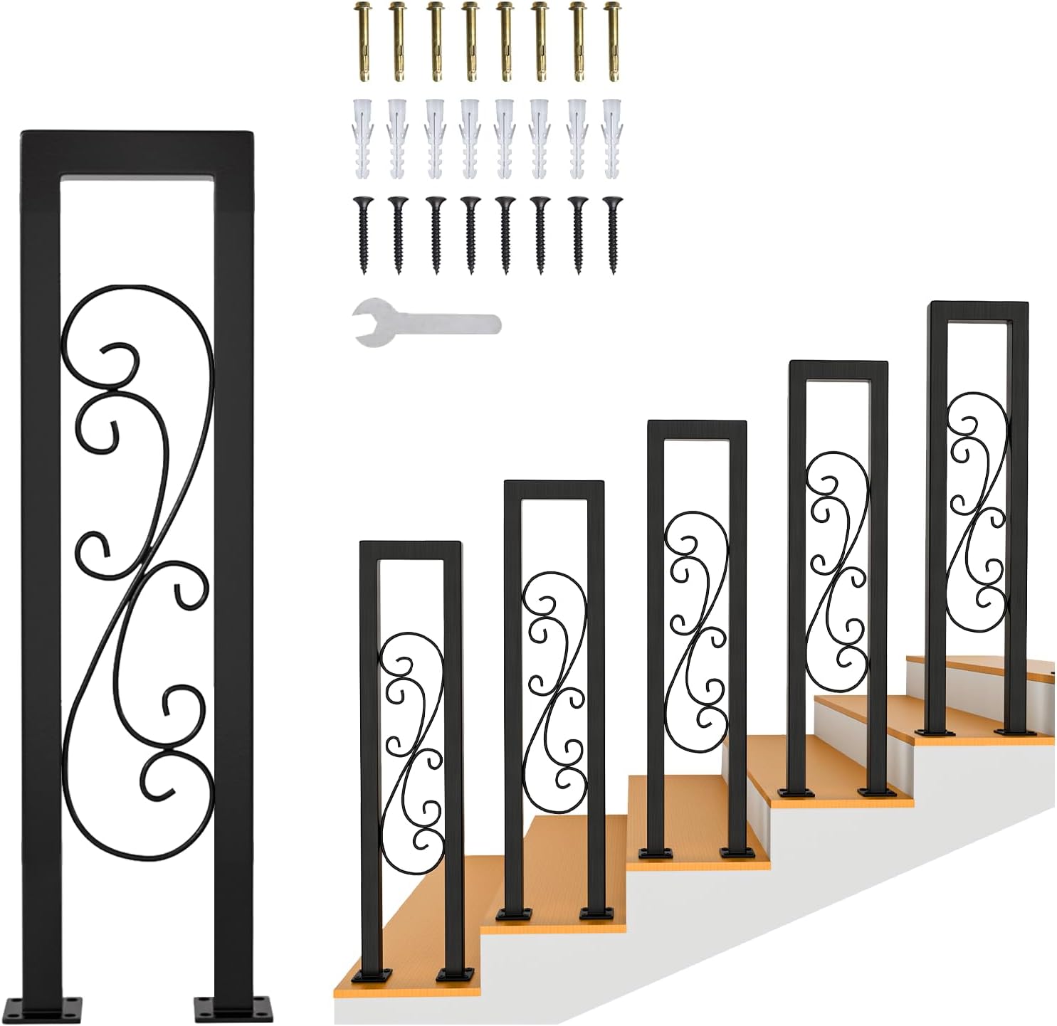 Hand Rails for Indoor Stairs, Modern U Shaped Handrails with S Scroll for Outdoor Steps, Matte Black Industrial Wrought Iron Stair Railing Indoor for Porch Garden Loft Corridor, 1Pcs(Tall:85cm/2.8ft)