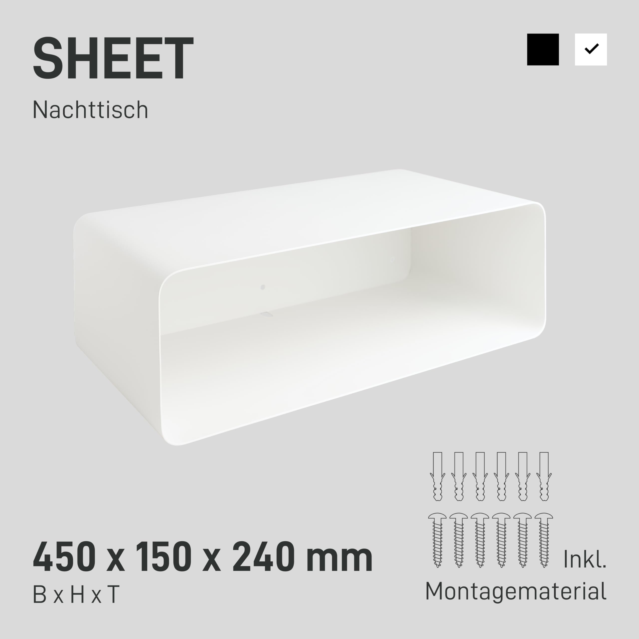Natural Goods Berlin 1x Nachttisch Sheet - Schweberegal Weiß, Metall 45 x 24 x 15 cm - Nachttisch hängend, schwebender Tisch - Nachtschrank hängend, Wandregal Cube, Wandnachttische