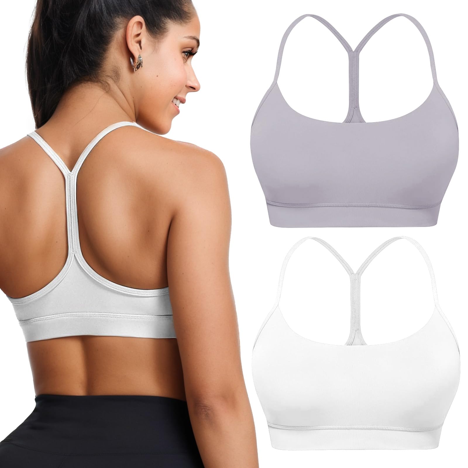 Buauty 2 Packs Y Back Sports Bra for Women, Low Impact Padded Racerback Spaghetti Strap Bras, Workout Yoga Tops