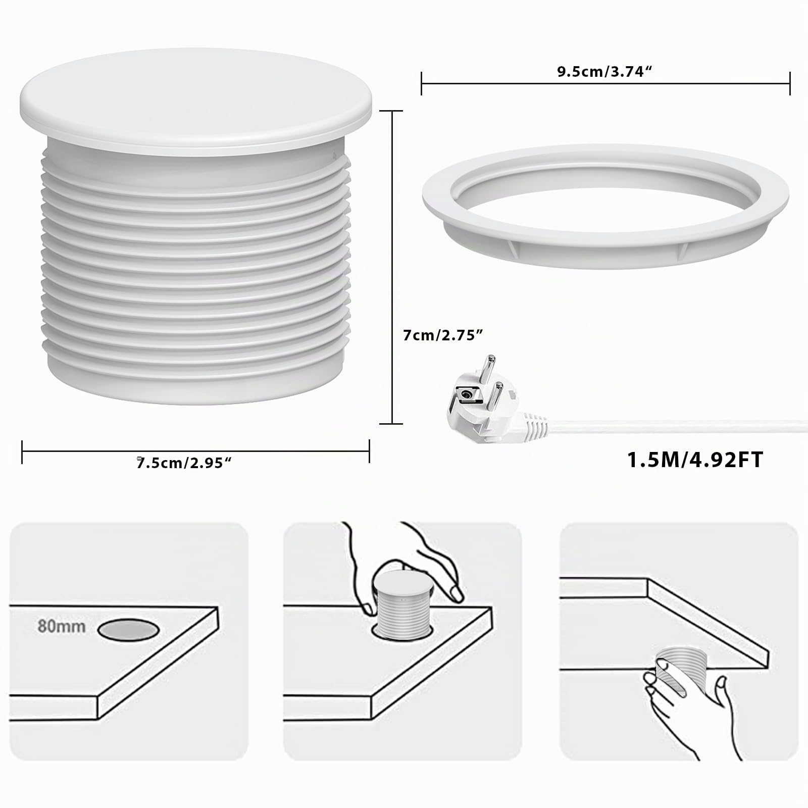 Presa da incasso, multipresa da incasso, con 1 presa, 1 porta USB C, 1 porta USB A, 80 mm di diametro, 1,5 m di cavo, presa da scrivania per cucina, ufficio, mobili, bianco