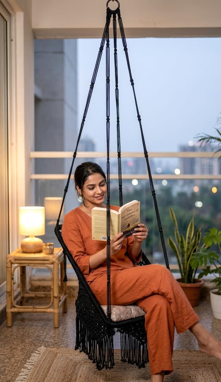 Patiofy Premium Square Swing for Adults for Home/Swing for Balcony/Swing for Kids/Hammock Swing/Hanging Swing Chair/Swing for Garden/includes Silver Square Cushion & Hanging Kit/150Kg Capacity-Black-image-40