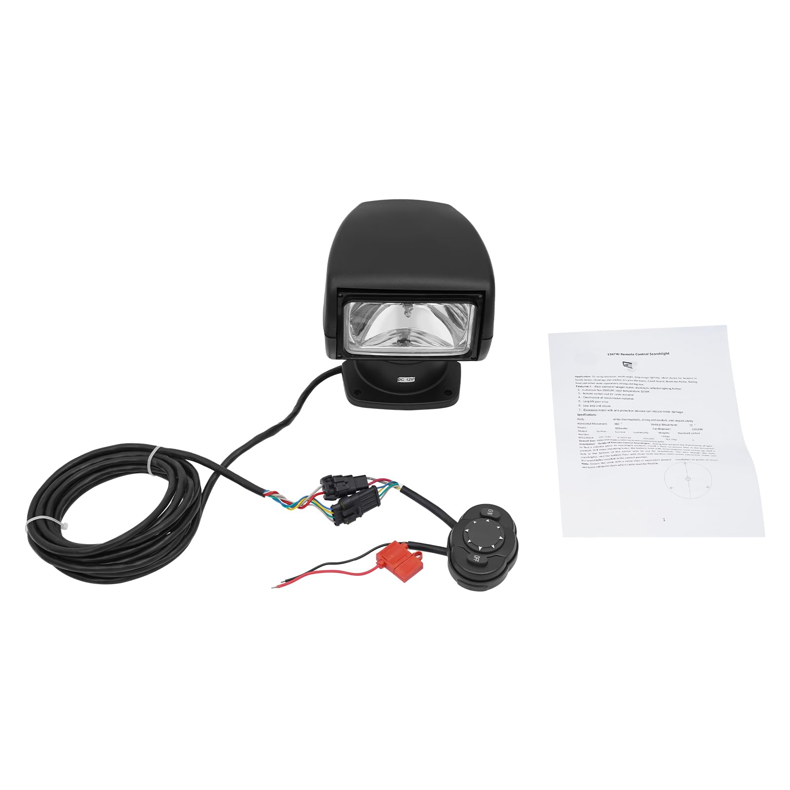 12V 100W Boot Suchscheinwerfer, 2500 Lumen 3200K Halogen Boot-Fernbedienungsscheinwerfer, LKW Auto Marine Scheinwerfer, Suchscheinwerfer mit 360 Grad Rotation für Yacht, Küstenwache (Schwarz)
