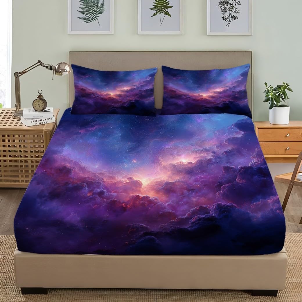 Drap Housse 200x200cm Violet Bande Élastique Réglable 2 Personnes Lit