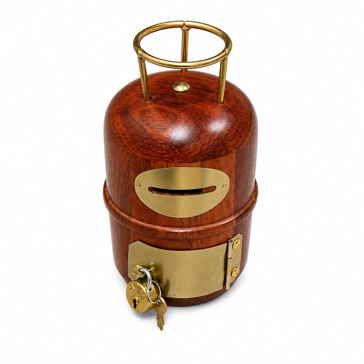 Handcrafted Wooden Piggy Money Bank, Cylinder Shape, with Brass Fittings and Lock, 9x18 cm, for Kids-image-9