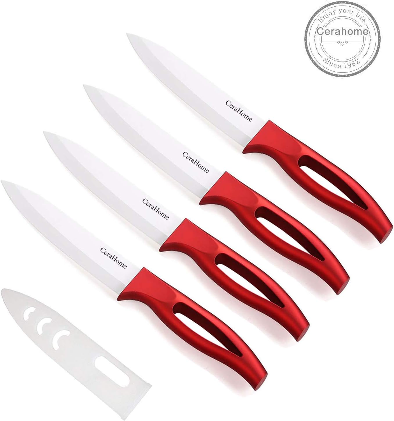 Ceramic Knife Set of 4, Cerahome Steak Knife Rust Proof and Stain Resistant Chef Knife Set Super Sharp Kicthen Knife with Sheath Upgrade Handle (red)