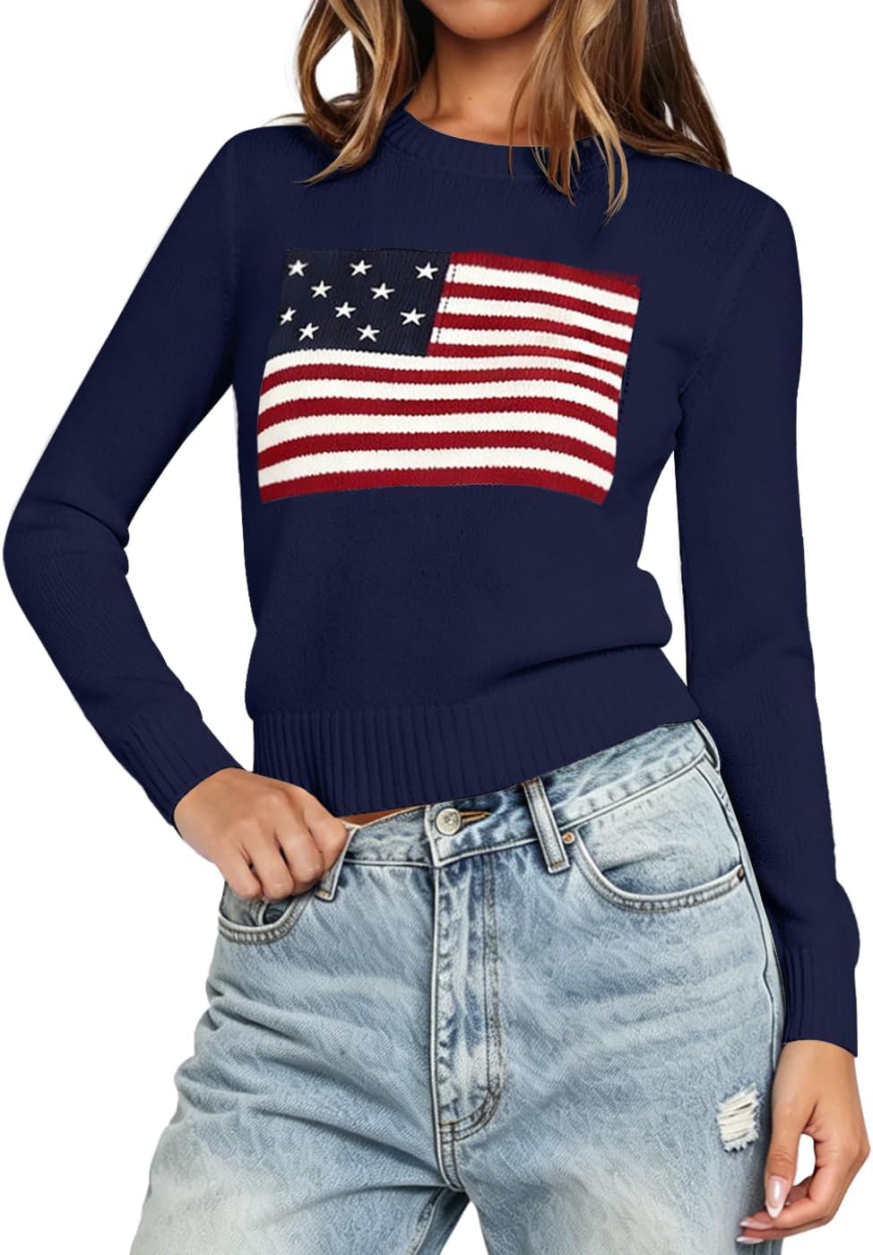 Dressmine Womens Crop American Flag Sweater Long Sleeve Crewneck Sweatshirt