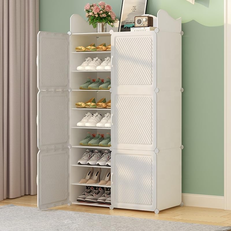 Image of Mevigo Plastic Shoe Rack for Home with Door | 9 Tier Stackable Shoe Organizer | Holds 18-Pairs |Waterproof & Dustproof | DIY Modular Shoe Cabinet |Chappal Slipper Stand for Bedroom- (White, 18- Layer)