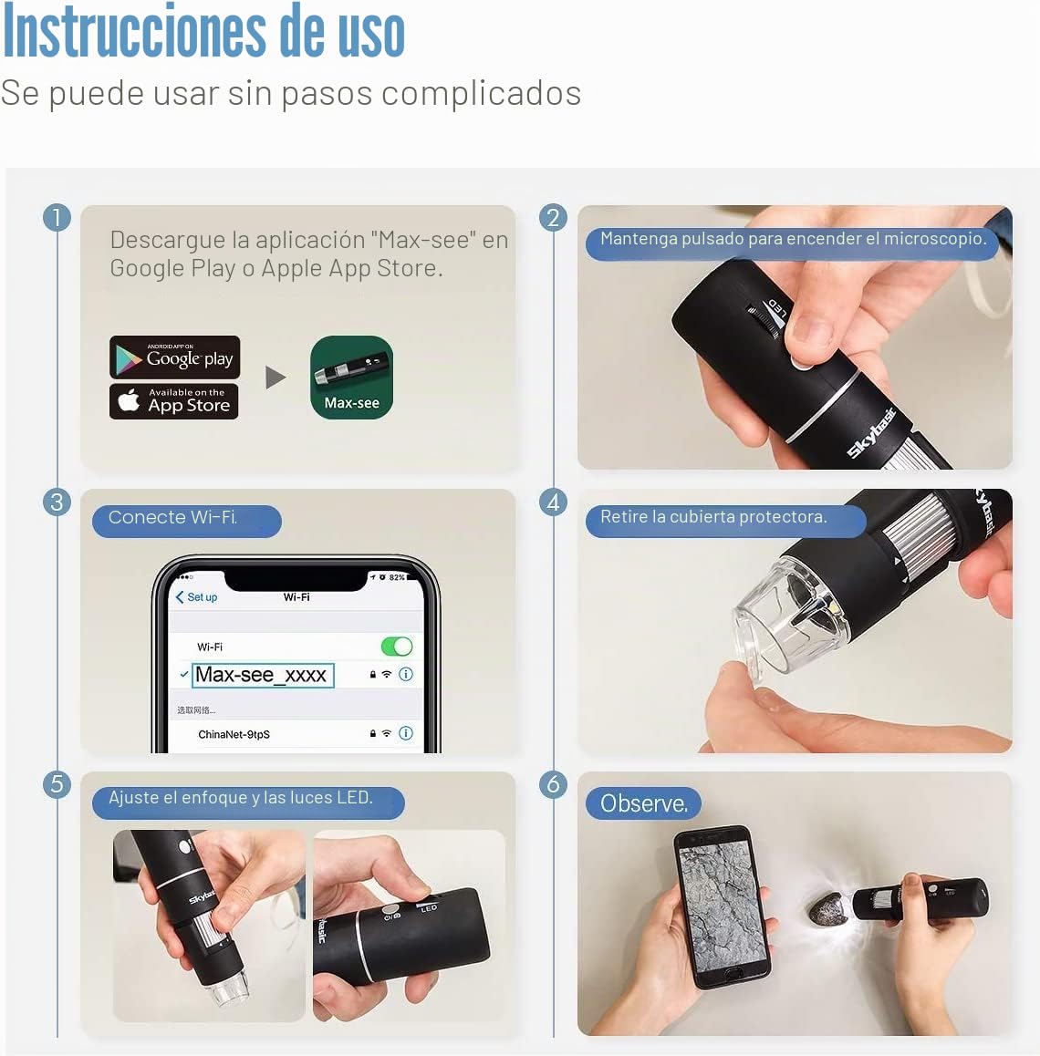 Microscopio Digital WiFi, microscopio Skybasic con Aumento de 50X a 1000X 1080P, microscopio Digital portátil con 8 LED para Android e iOS, Windows Mac