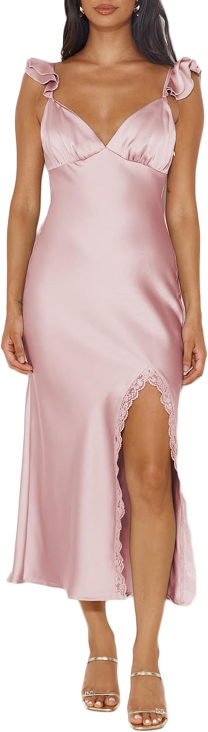 Summer Satin Lace Backless Spaghetti Strap Maxi Dress for Wedding Guest Silk Sleeveless V Neck Slit Ruffled Dress for Women