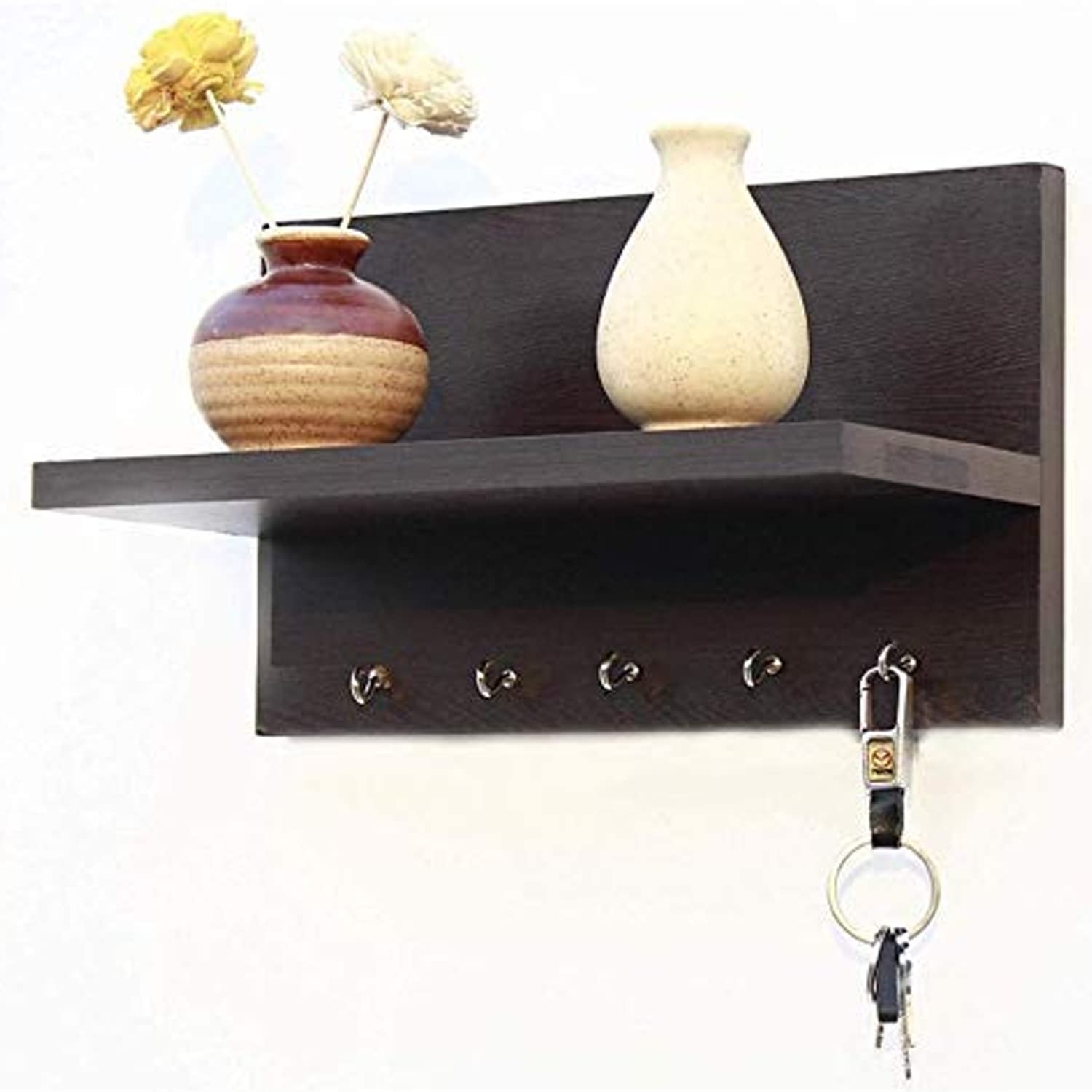 Webbee Craft Wall Mounted Wall Key Wood Holder Hooks with Decor Shelf (Black, Standard) (Brown)