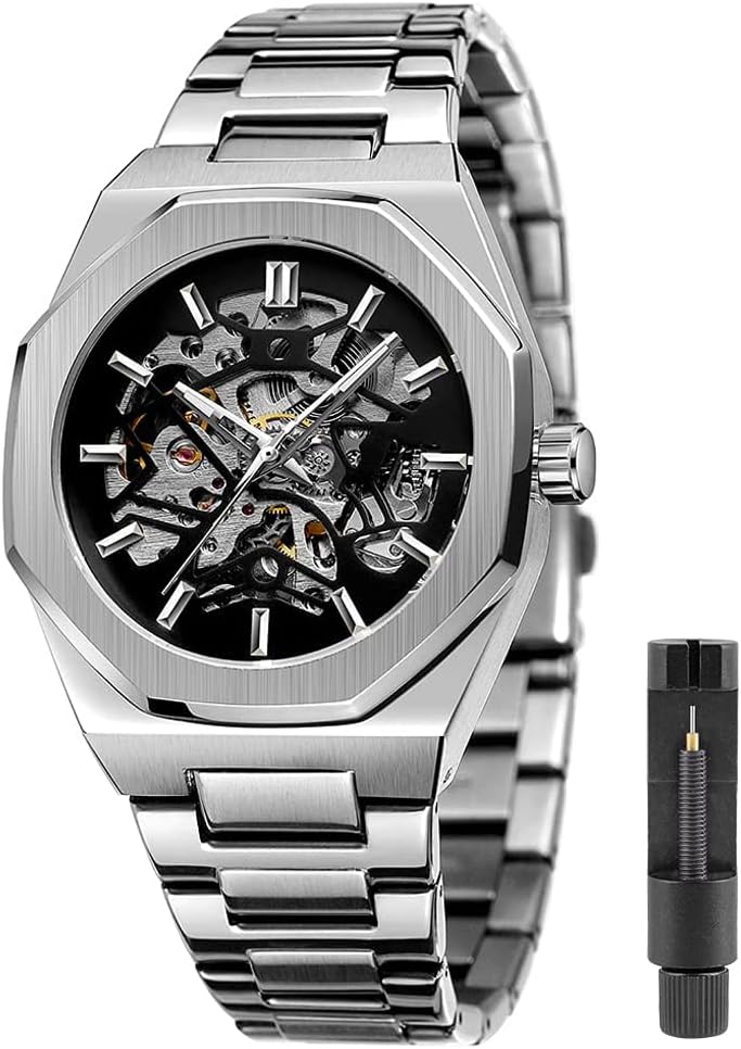 Fashion Automatic Watches Mechanical Wrist Watch Golden for Mens Skeleton Watches with Stainless Steel Transparent Dial
