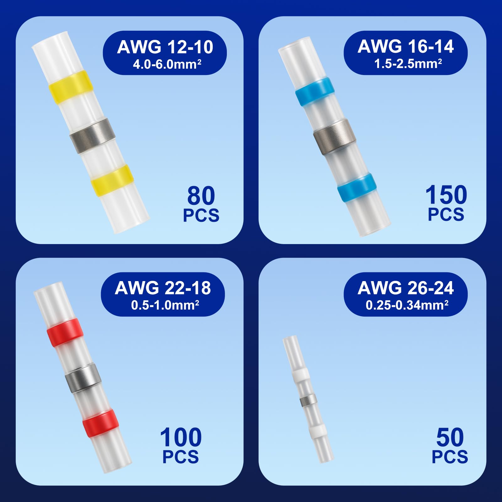 800 conectores de alambre de sellado de soldadura impermeables, kit de conectores eléctricos autosoldables termorretráctiles para vehículos marinos (26-10 AWG, 4 tamaños) (800 unidades)
