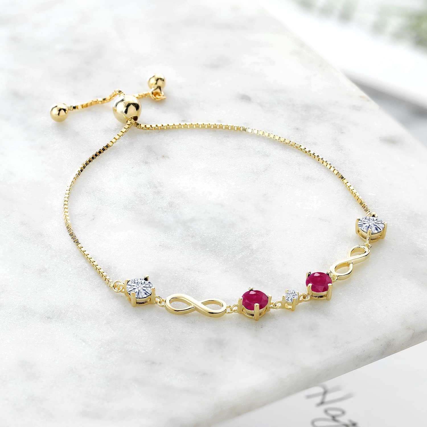 Gem Stone King Keren Hanan 18K Yellow Gold Plated Silver Women Adjustable Infinity Tennis Link Bracelet Round Red Ruby and Moissanite (2.17 Cttw) - Image 3