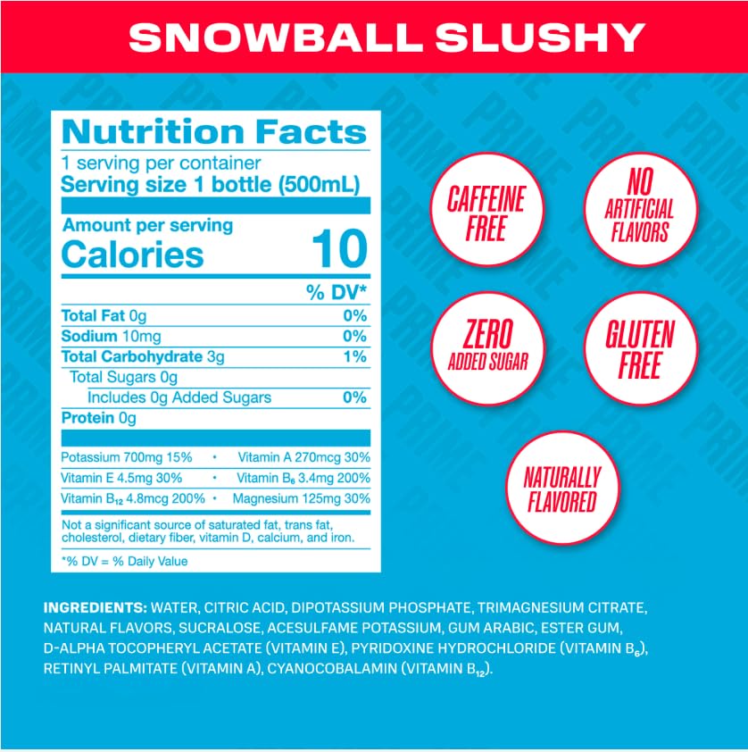 PRIME Hydration, SNOWBALL SLUSHY, Sports Drinks, Electrolyte Enhanced for Replenishing Fluids, 250mg BCAAs, B Vitamins, Antioxidants, Low Sugar, 16.9 Fl Oz, 12 Pack