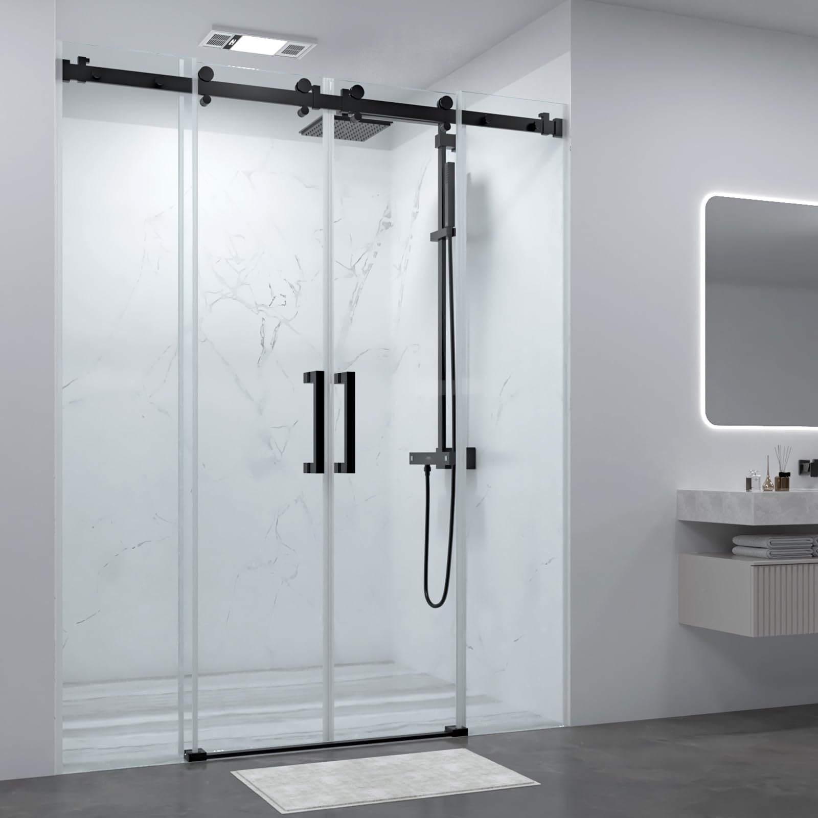 Frameless Double Sliding Shower Door,60 in.W x 74 in.H Shower Glass Door 5/16"(8mm) Thick Stainless Steel Square Guide Rail, Matte Black Finished