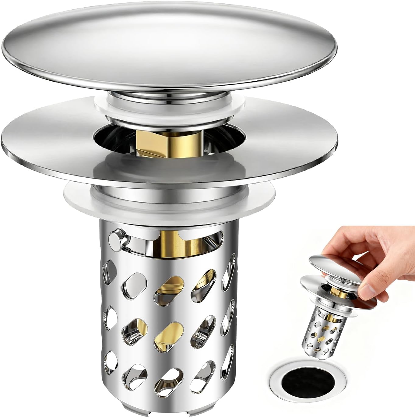 Pop Up Bathroom Sink Stopper, Universal Bathroom Sink Drain Strainer with Hair Catcher, for 1.1"-2.17" Drains, Brass Core & Stainless Steel Mesh