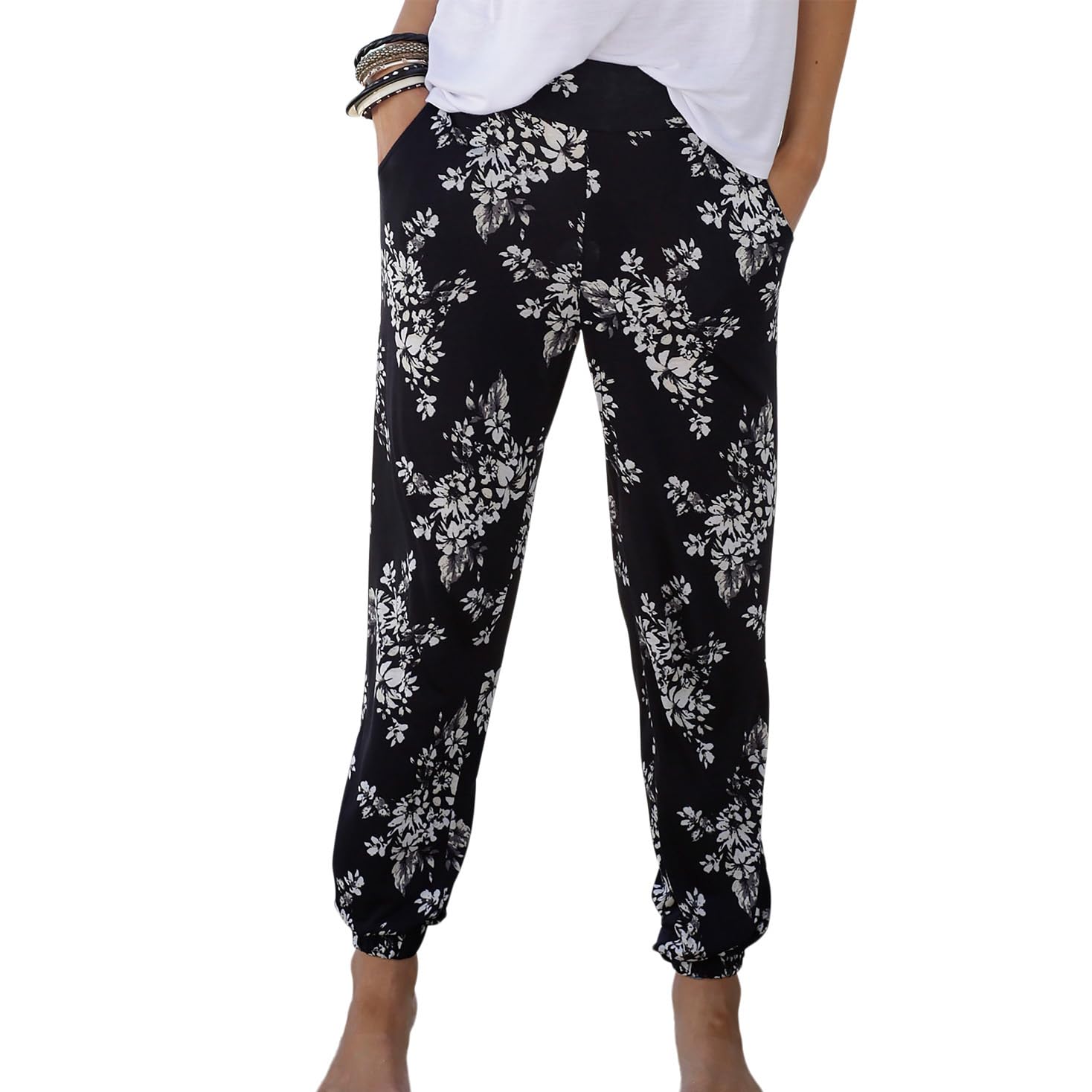 LASCANA Women's Casual Boho Pants - Flat Front, Elastic Waistband & Leg-Ends, Side Slit Pockets, Comfy