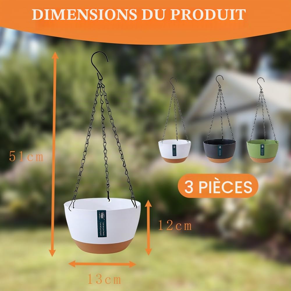 Lot de 3 pots de fleurs suspendus avec trous de drainage et soucoupes, support de plantes à suspendre pour intérieur et extérieur, panier suspendu pour plantes et fleurs (gris foncé)