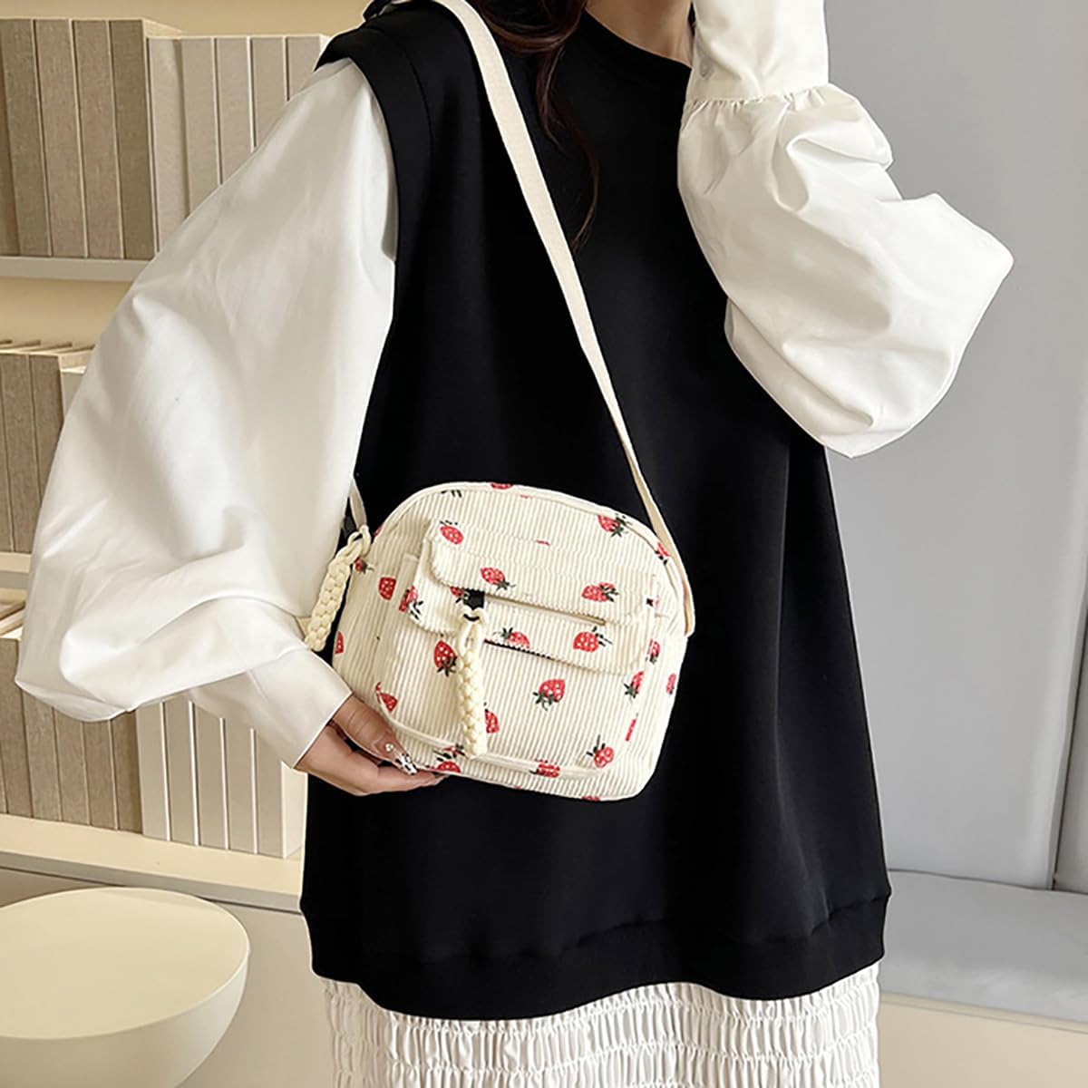 Cute Strawberry Purse for Women Strawberry Bag Corduroy Tote Bag for Women Messenger Bag Cute Crossbody Bags Handbags - Image 3