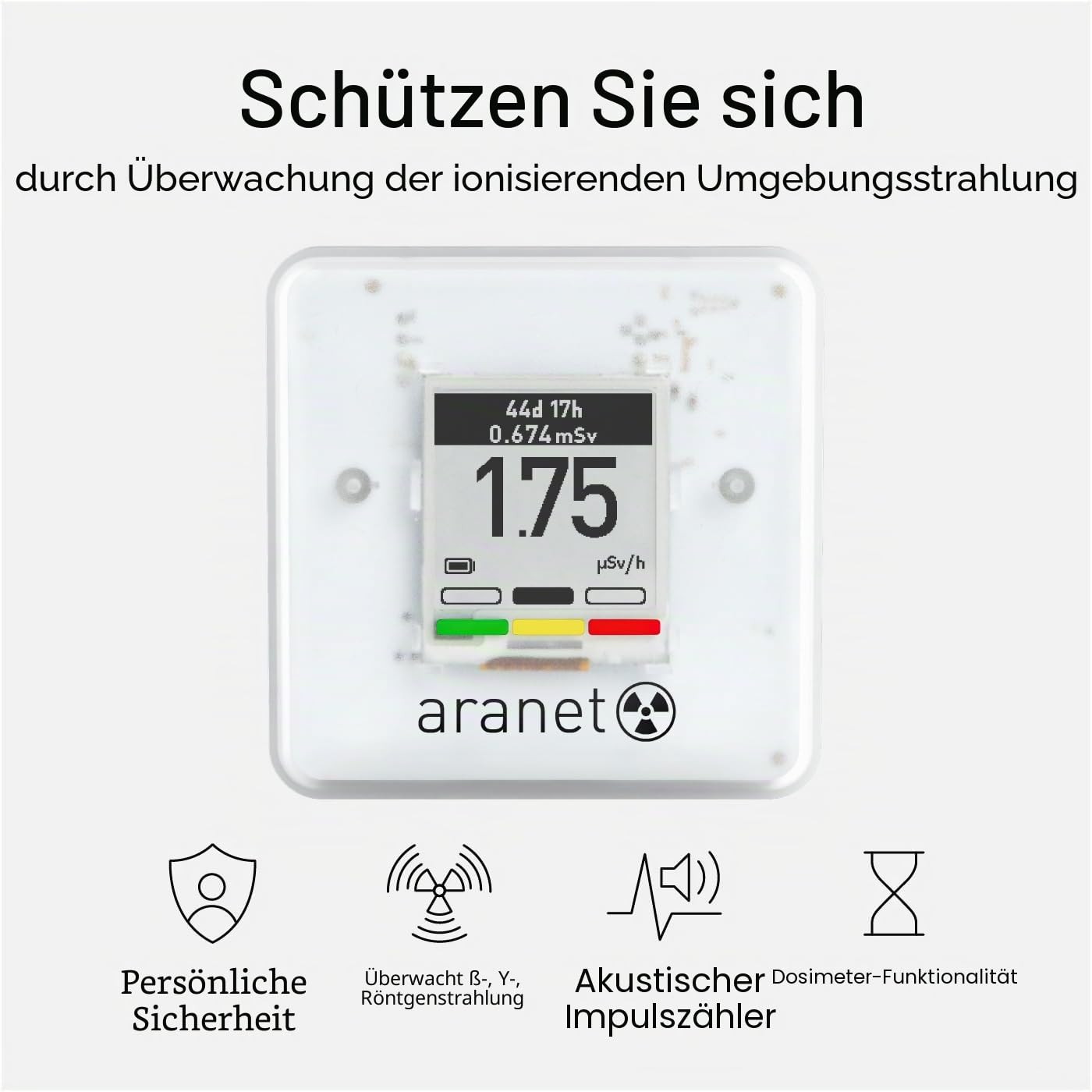 SAF Aranet Strahlungsdetektor, Dosimeter, tragbar, misst Dosierungsrate & Gesamtdosis der ionisierenden Strahlung, E-Ink-Display, 4 Jahre Akkulaufzeit, Bluetooth-Verbindung, kostenlose App mit Grafik