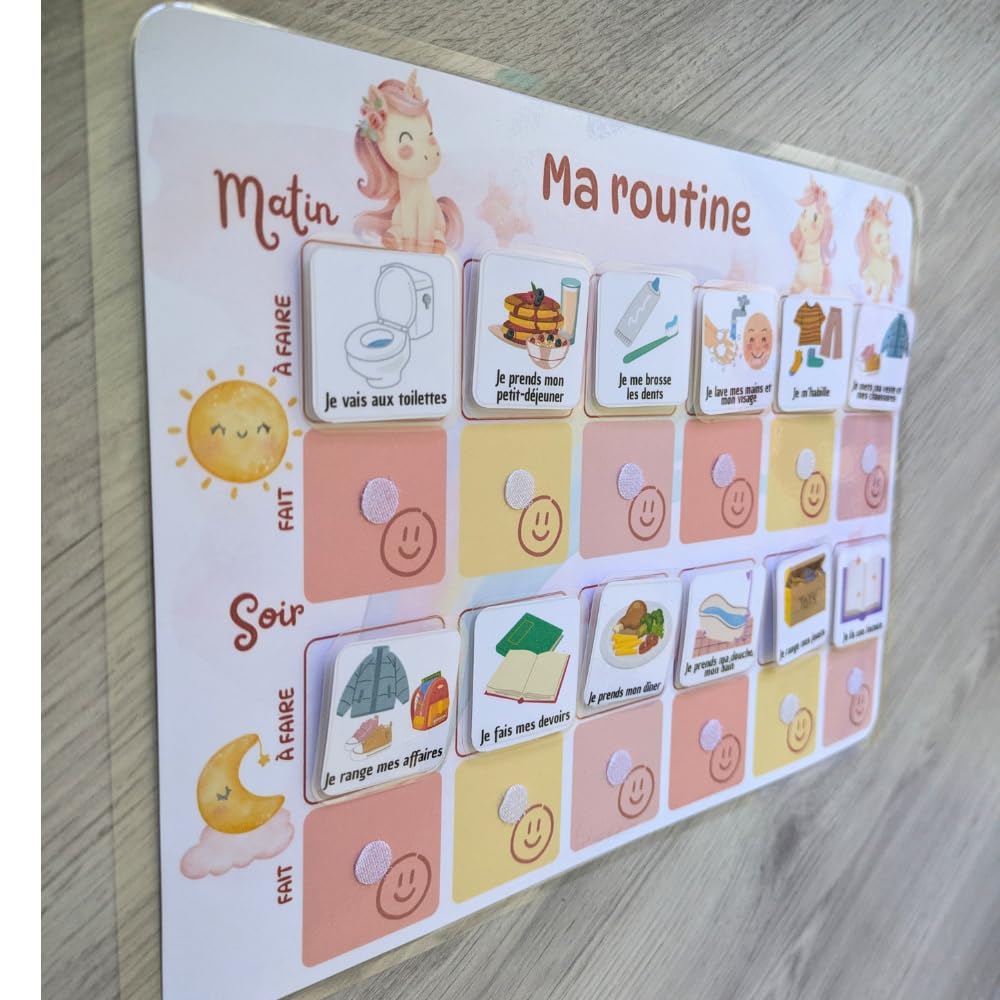Licorne Tableau routine enfant Planning matin soir Calendrier tâches rituels 30 étiquettes