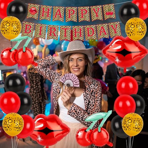 Image of Cheetah Cherry Birthday Decorations Leopard Happy Birthday Banner with Cherry Red Lips Cheetah Print Red Black Balloons for Girls Women Birthday Party Decor Supplies
