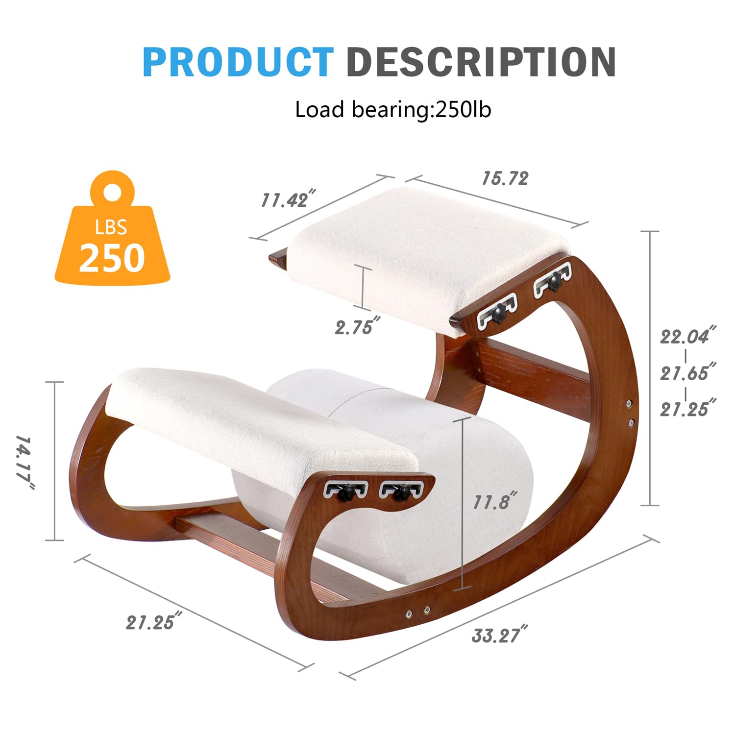 Adjustable Kniestuhl, Ergonomischer Schaukelstuhl aus Holz - Verbessern Sie Ihre Körperhaltung mit einem angewinkelten Sitz für Zuhause, Büro (Pekannuss)