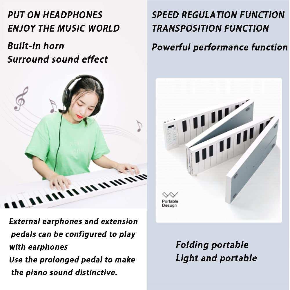 Pianoforte pieghevole a 88 tasti, tastiera portatile pieghevole, per collegare Bluetooth e cuffie, pedale sostenuto, batteria ricaricabile, tastiera elettronica portatile per principianti (bianco)