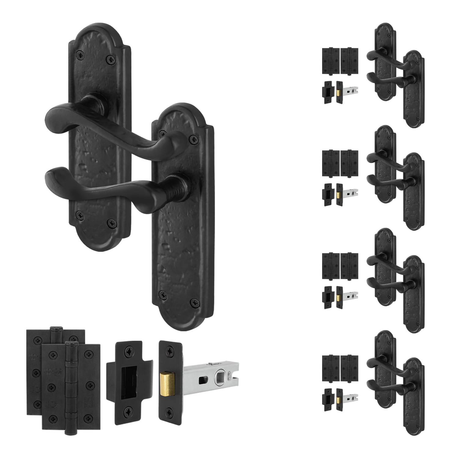 EAI Black Antique Door Handles Latch Kit, 5 Pairs of Cast Iron Scroll Shaped Internal Handles, Latch 64mm, Hinges, Alton