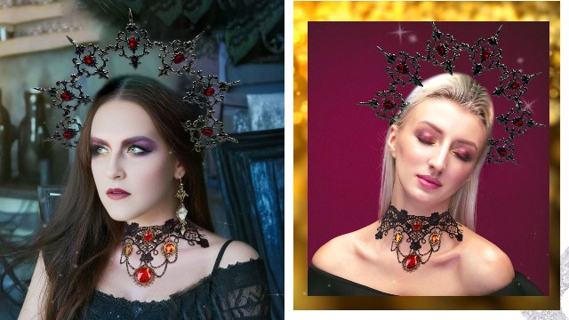 Madonna Halo Tiara Headband | Virgin Mary, Stars, Moon, Halloween Custom Navy Blue Red Gold Virgin Mary Halo Headdress Saint Heavenly  main image 3