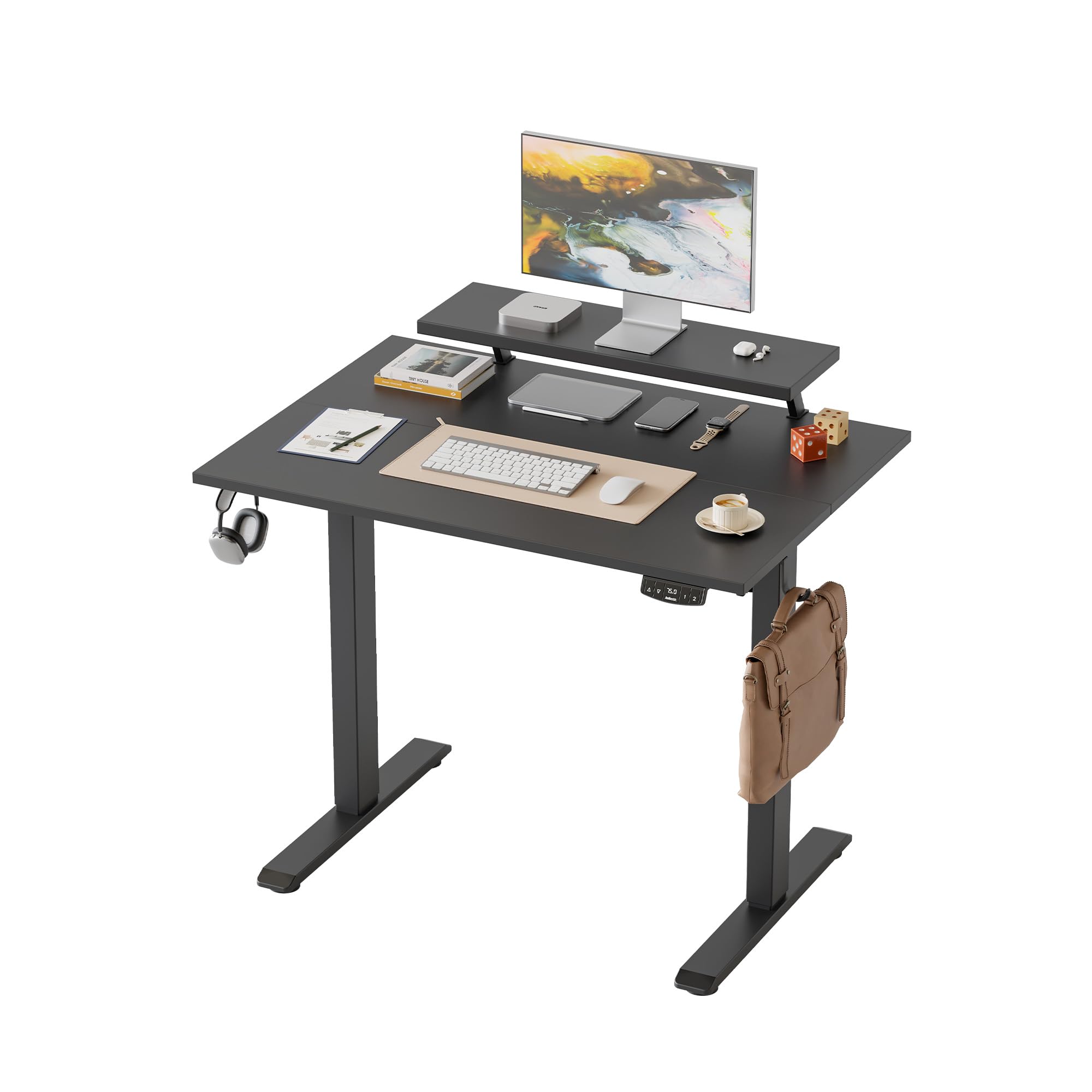 Klicelor Höhenverstellbarer Schreibtisch mit beweglichem Monitorständer, 100x60cm, Sitz-Steh-Schreibtisch mit 2 Speichertasten, 2-teiligen Tischplatte, Computertisch, Schwarz