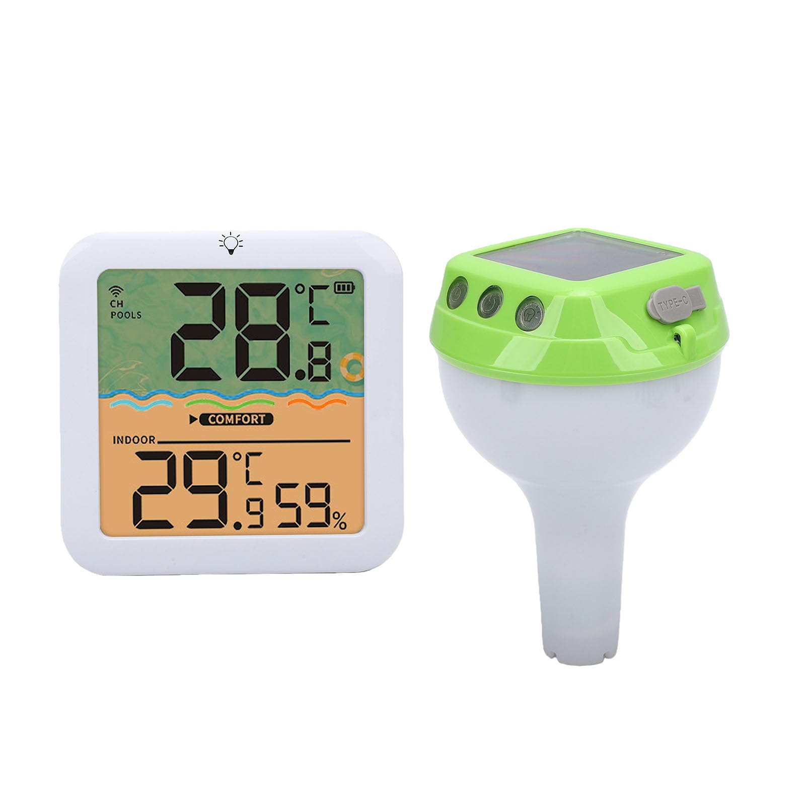 PUSOKEI Solares Digitales Poolthermometer mit Seil, Schwimmendes Kabelloses Poolthermometer mit RGB-Umgebungsbeleuchtung, Extra Großes Display mit Hintergrundbeleuchtung für Einfaches (GREEN)