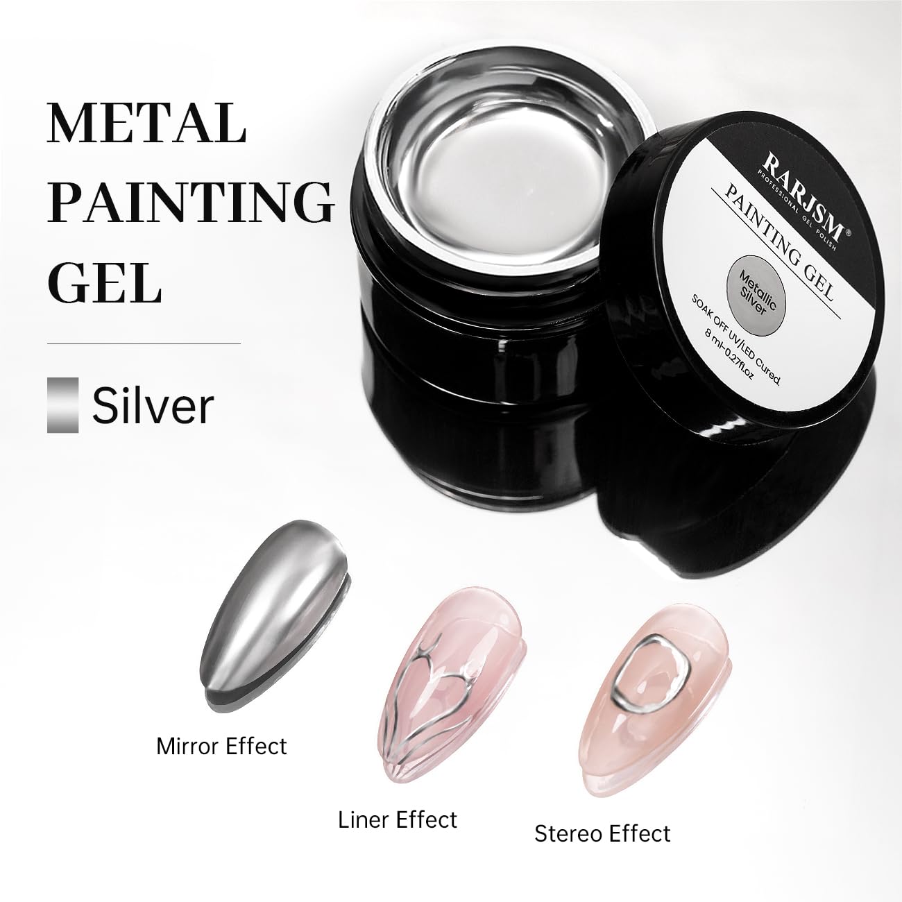 Esmalte de uñas de gel de pintura metalizada, cromo plateado, 3D, esmalte de gel de dibujo pintado con metal, 0.3 fl oz, efecto espejo líquido, brillo brillante, secado para remojar para el 6