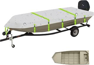 Jon Boat Cover Fit Tracker Grizzly 1436, Sea Nymph 1448/Porta Bote Boats, 14ft Trailerable 900D Heavy Duty with PU Coating 100% Waterproof & UV-Resistant, All-Weather Protection [Motor Cover Included]