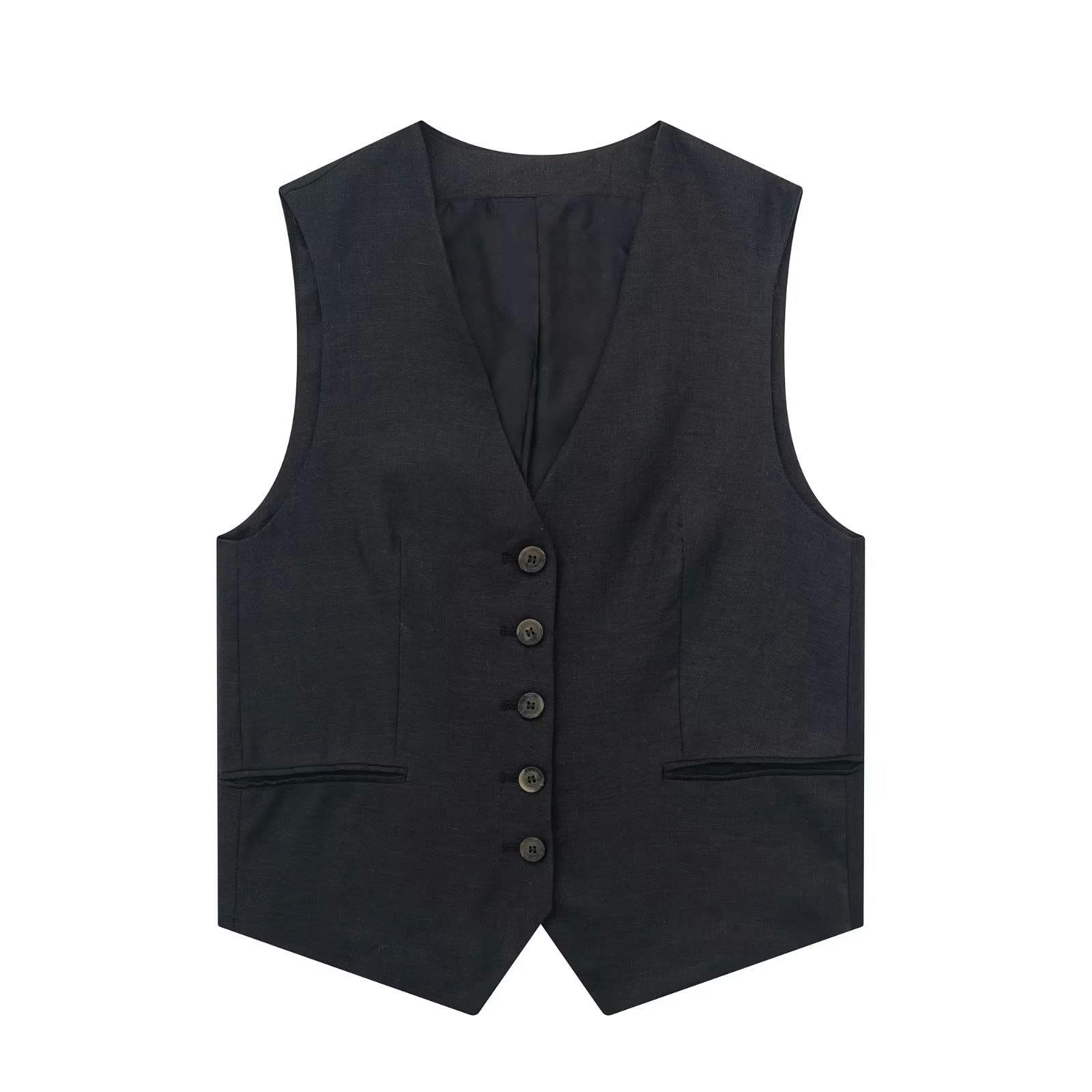 Generic Conjunto de Chaleco + pantalón Corto de Mezcla de Lino de Verano para Mujer-Chaleco Negro-S