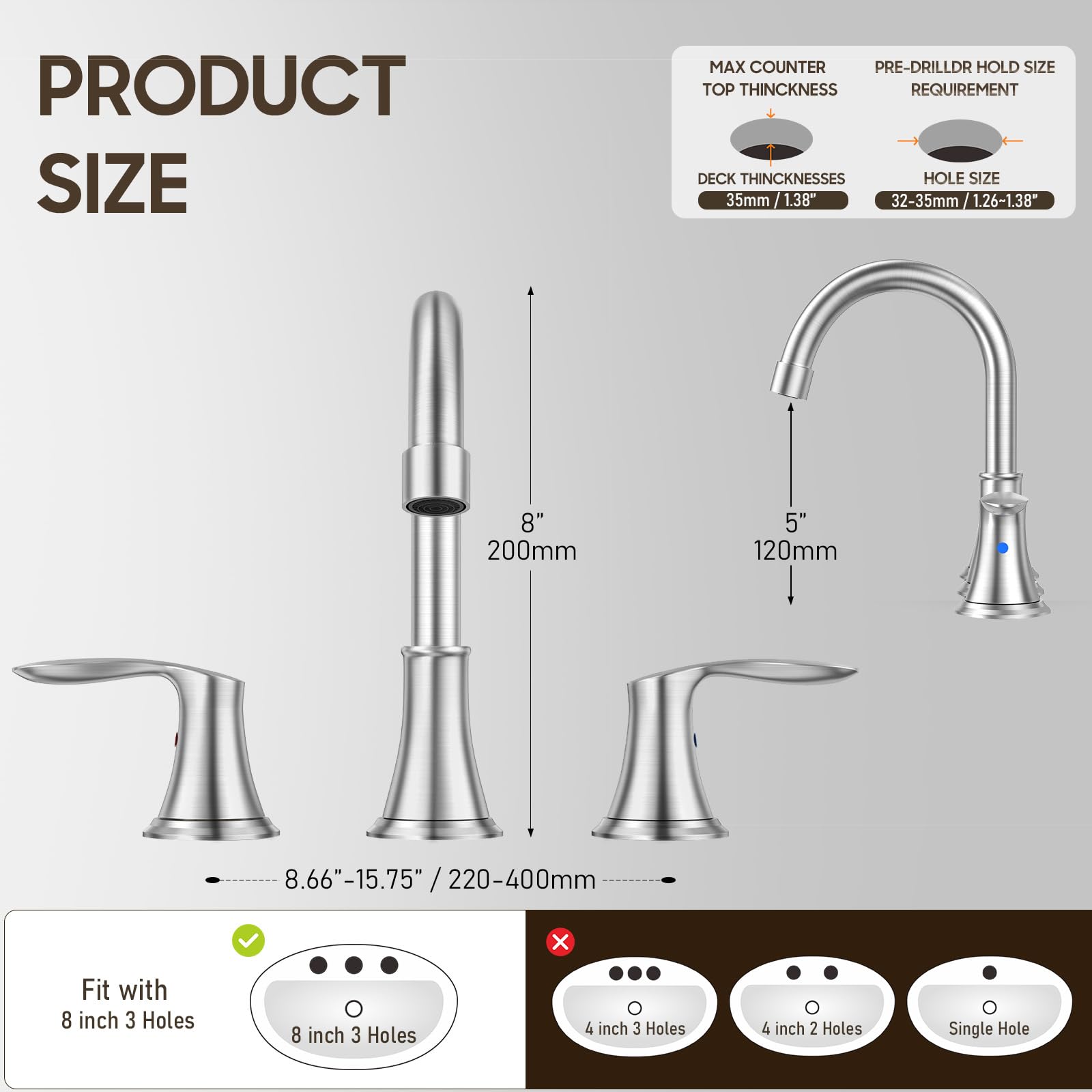Rubinetto per lavabo da bagno a tre fori da 8 pollici (20 cm) in nichel spazzolato, con due maniglie in acciaio inox, piletta di scarico a scomparsa in metallo e tubi di alimentazione dell'acqua, m