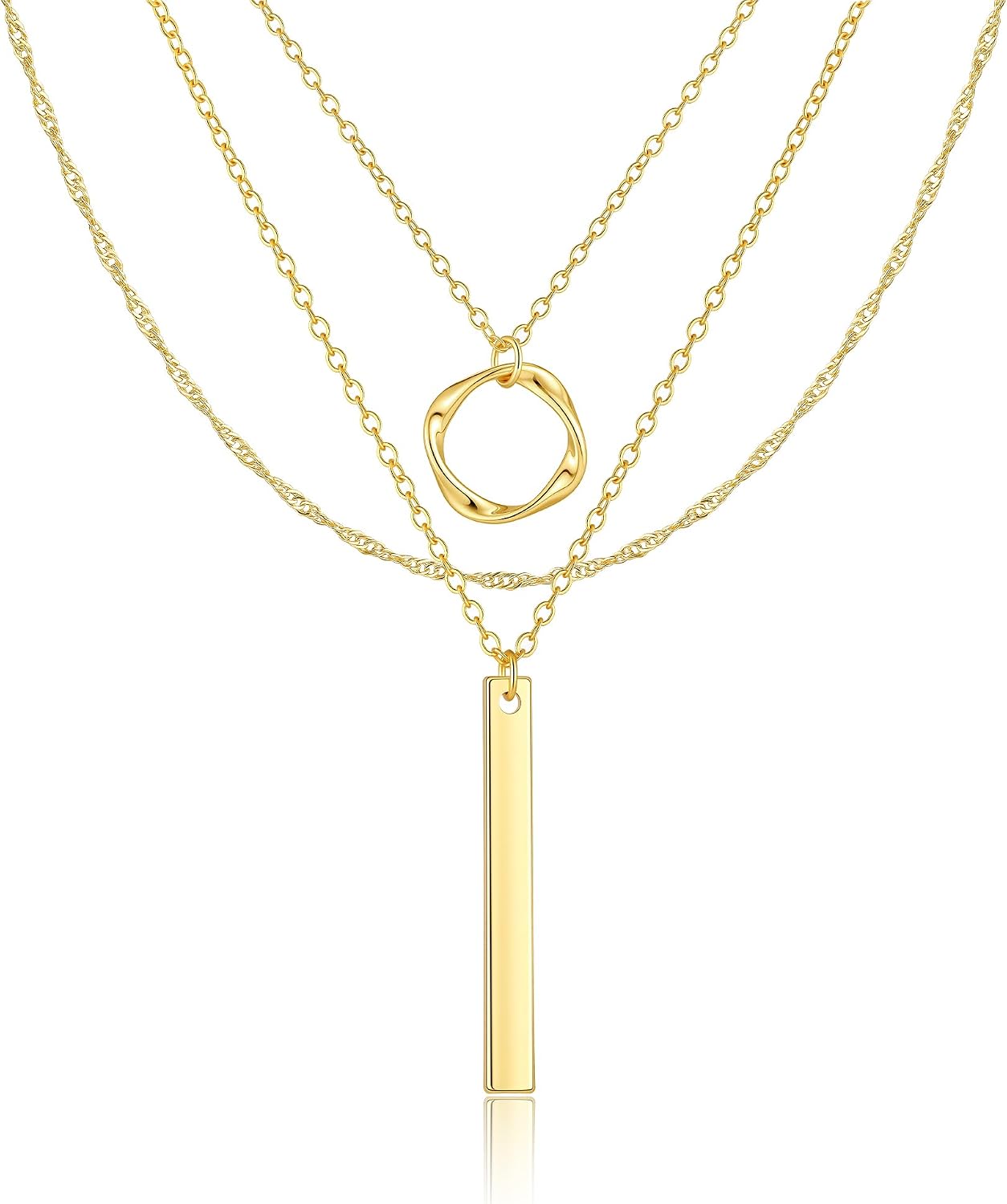 Layered Gold Necklace for Women, 14K Gold Plated Necklace Stack Set, Dainty Pendant Necklace Non Tarnish, Fashion Bow CZ Circle Star Hammered Cross Jewelry Gift for Women thumbnail
