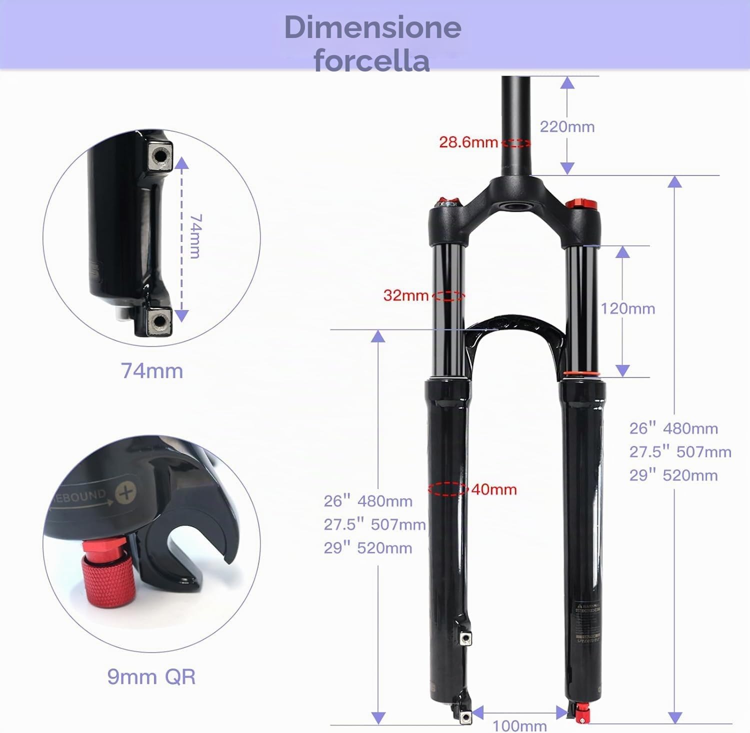 MTB Forcella 26 27.5 29 Pollici MTB Forcella Ammortizzata Corsa 120mm, 1-1/8 Tubo Dritto/Tubo Conico Forcelle Mountain Bike (Blocco Manuale Dritto, 29 Pollici)